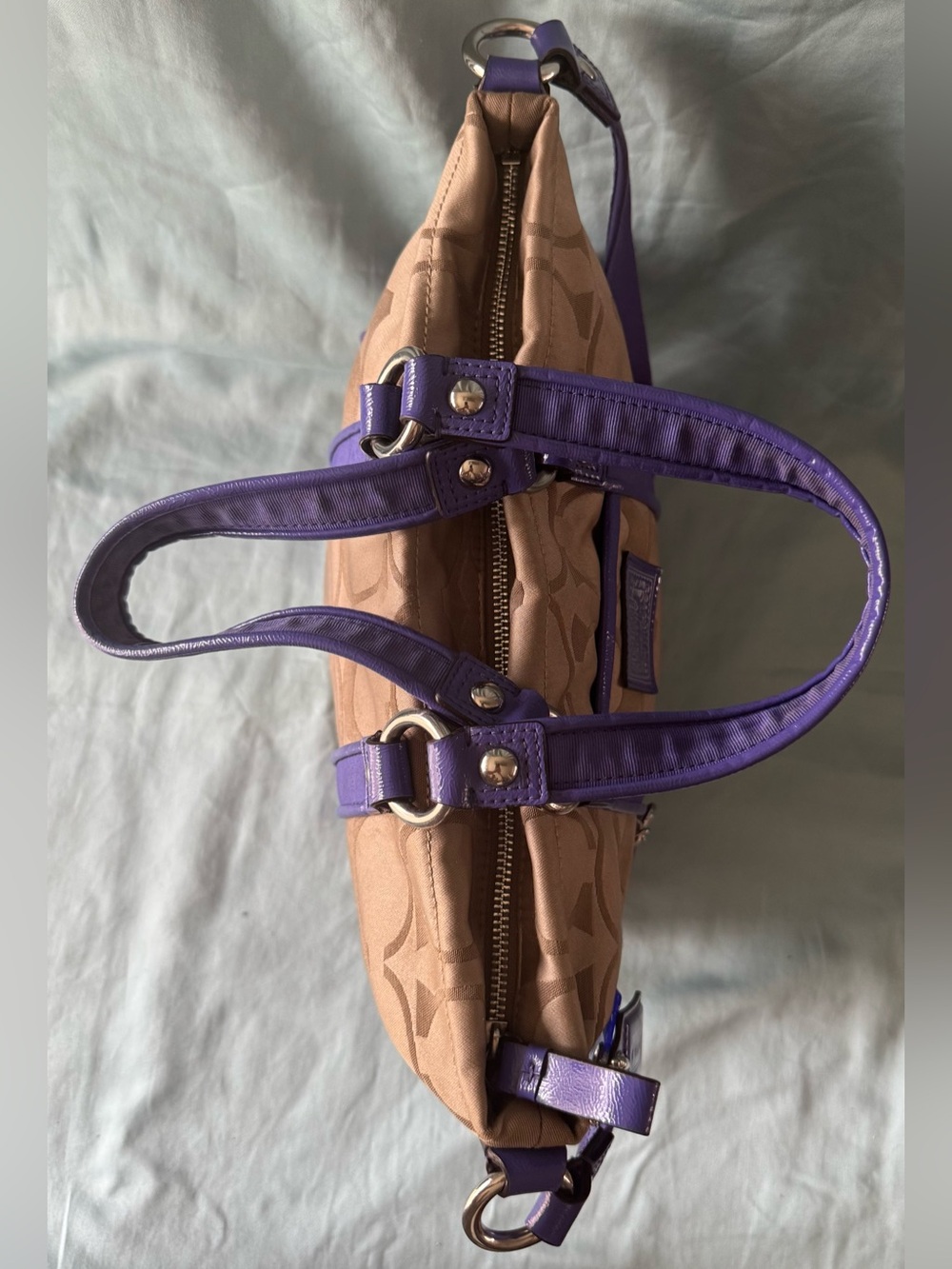 Coach F20101 Poppy Khaki and Purple Signature C Jacquard Canvas Satchel/Tote - Picture 7 of 15